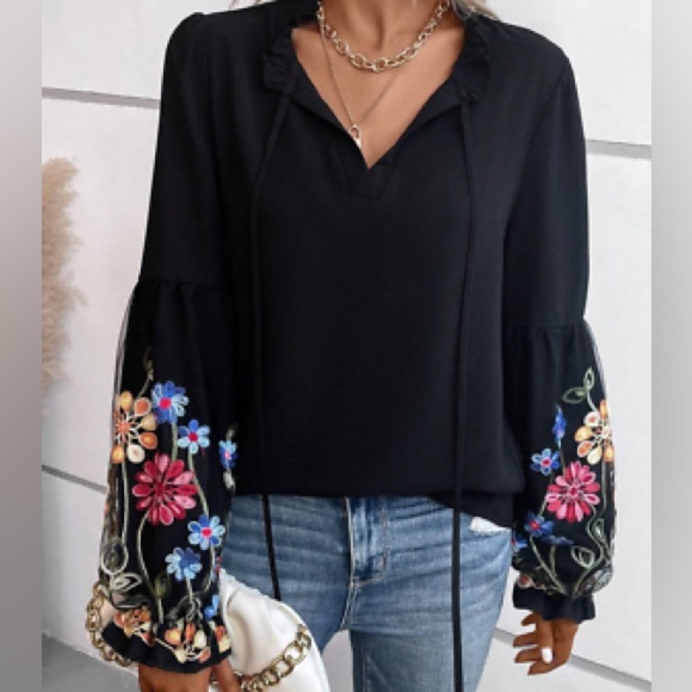 Black‎ Blouse with Long Floral Embroidered Puff Sleeves and Ruffle Collar